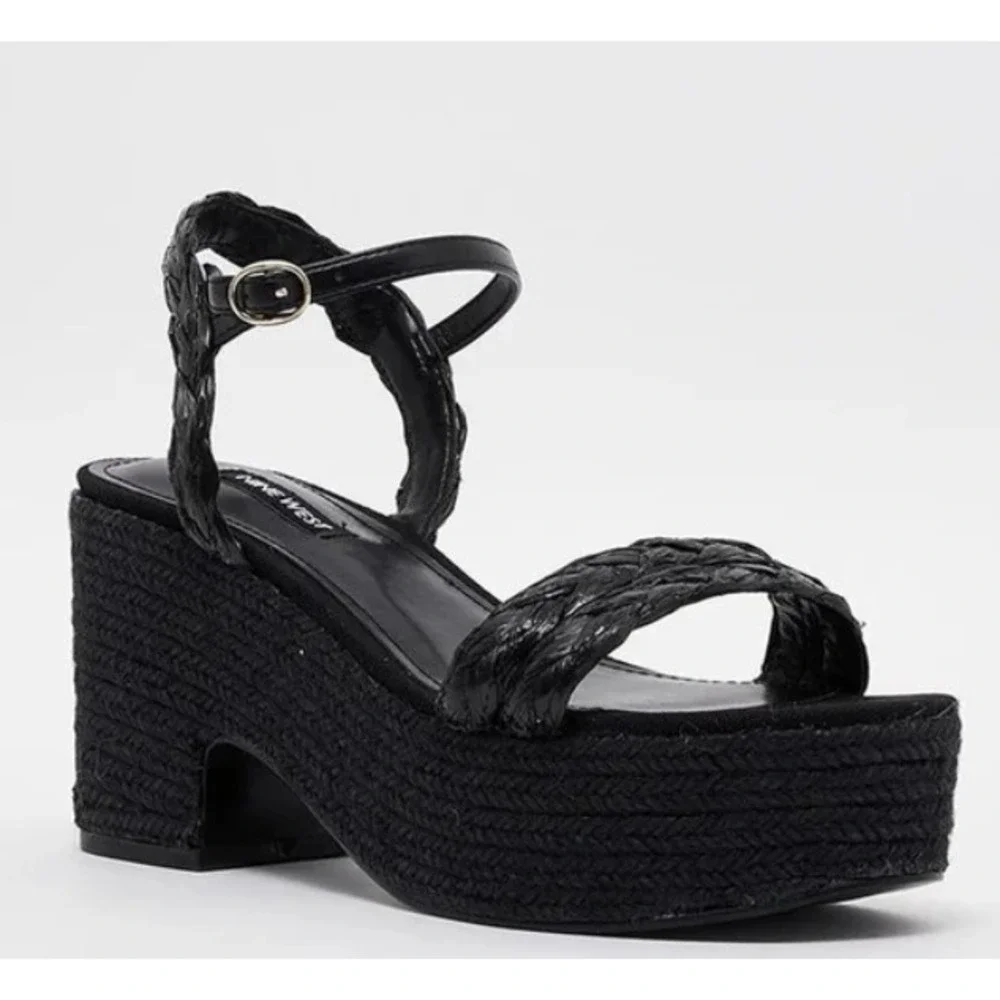 Nine‎ West Womens Black Straw Espadrille Platform Wedge Sandals Size 12M NEW NIB